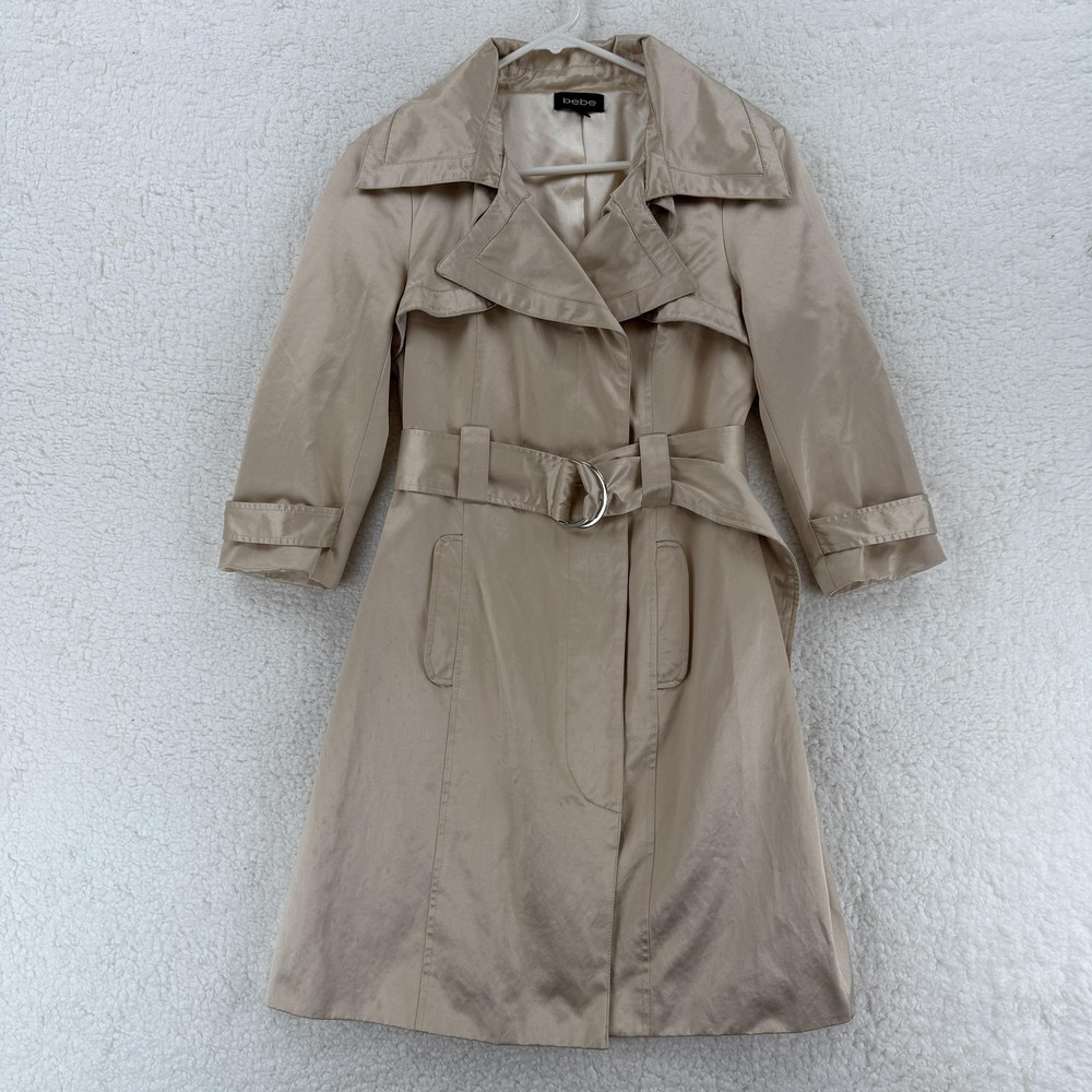 Bebe‎ Trench Coat Womens Small Beige Belted Double Breasted 3/4 Sleeve Jacket